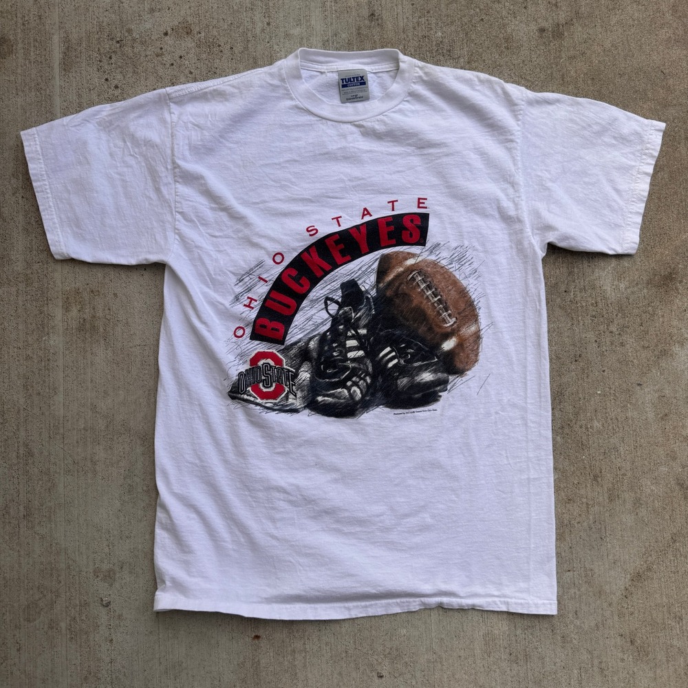 Vintage Ohio State Buckeyes Tultex Graphic T-Shirt Mens Large White Football 90s